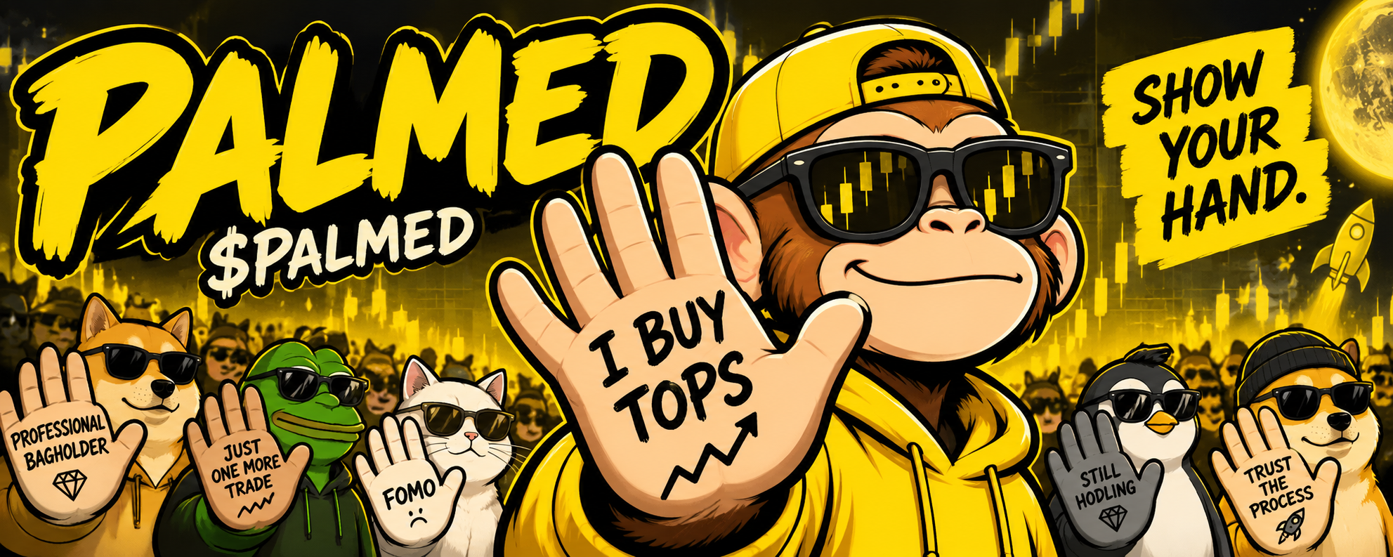 The PALMED gang: an ape who buys tops, a professional bagholder, a one-more-trade frog, a FOMO cat, a still-hodling penguin and a trust-the-process dog.
